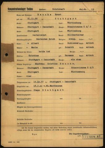 Nach der Rückkehr vom KZ Mauthausen in Dachau ausgefüllter Häftlingsbogen, Arolsen Archives 1.1.6.2, Dok. 9973417